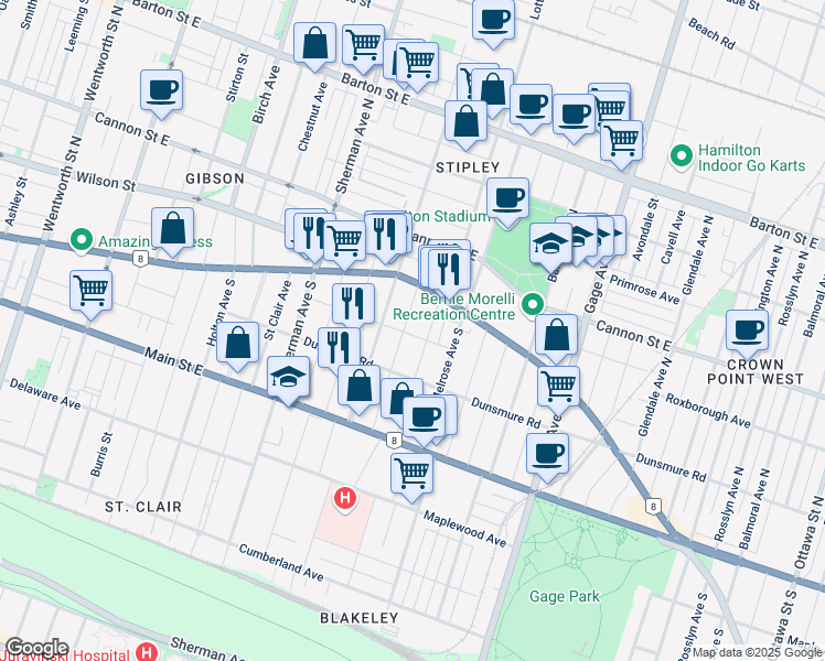 map of restaurants, bars, coffee shops, grocery stores, and more near in Hamilton