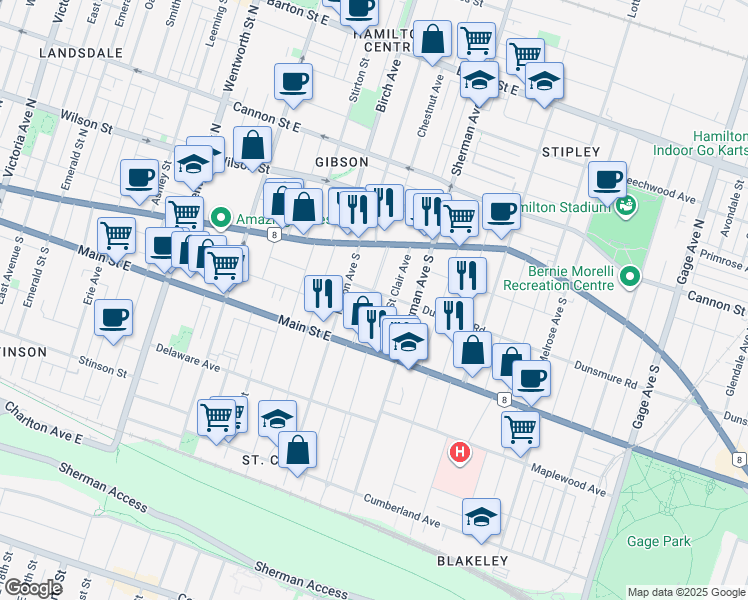 map of restaurants, bars, coffee shops, grocery stores, and more near 62 Saint Clair Avenue in Hamilton