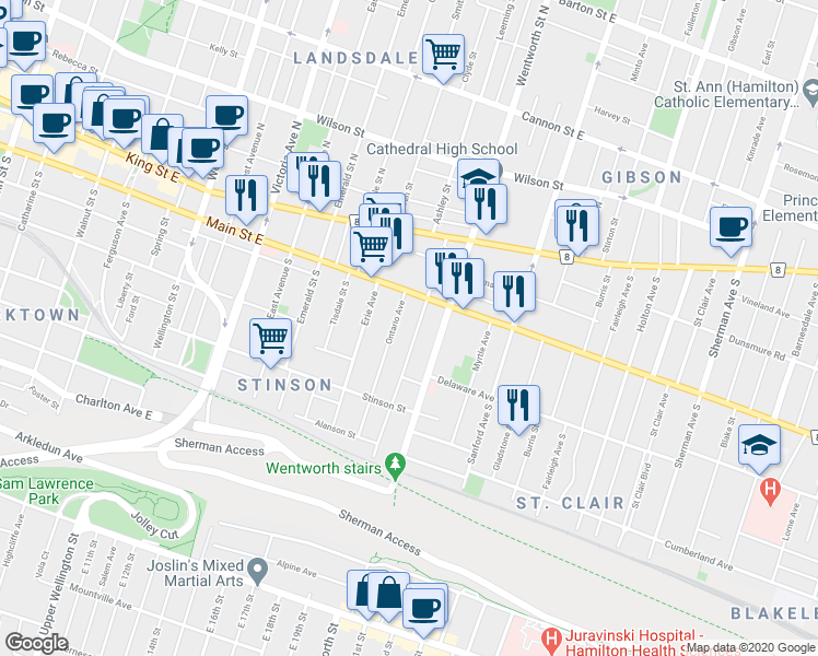 map of restaurants, bars, coffee shops, grocery stores, and more near 91 Grant Avenue in Hamilton