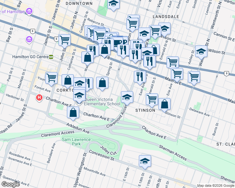map of restaurants, bars, coffee shops, grocery stores, and more near in Hamilton