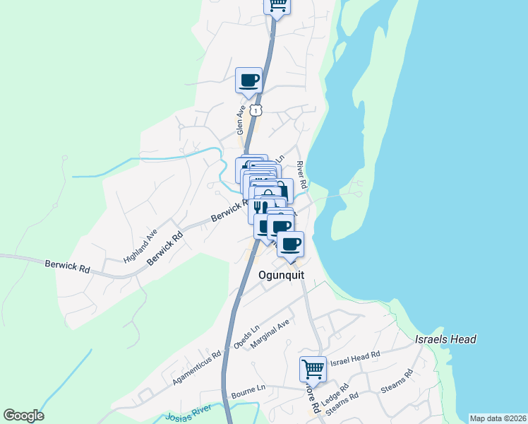 map of restaurants, bars, coffee shops, grocery stores, and more near 19 Beach Street in Ogunquit
