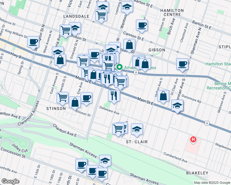 map of restaurants, bars, coffee shops, grocery stores, and more near 554 Main Street East in Hamilton