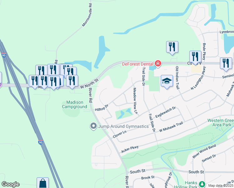 map of restaurants, bars, coffee shops, grocery stores, and more near 4770 Hilltop Drive in DeForest