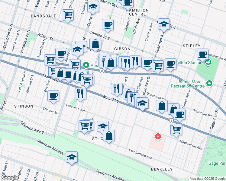 map of restaurants, bars, coffee shops, grocery stores, and more near 52 Fairleigh Avenue South in Hamilton