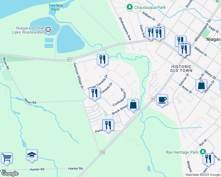 map of restaurants, bars, coffee shops, grocery stores, and more near 18 Lower Canada Drive in Niagara-on-the-Lake