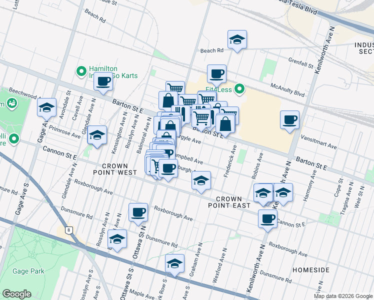 map of restaurants, bars, coffee shops, grocery stores, and more near 11 Edgar Street in Hamilton