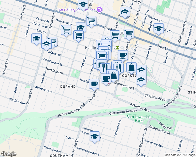 map of restaurants, bars, coffee shops, grocery stores, and more near 232 James Street South in Hamilton