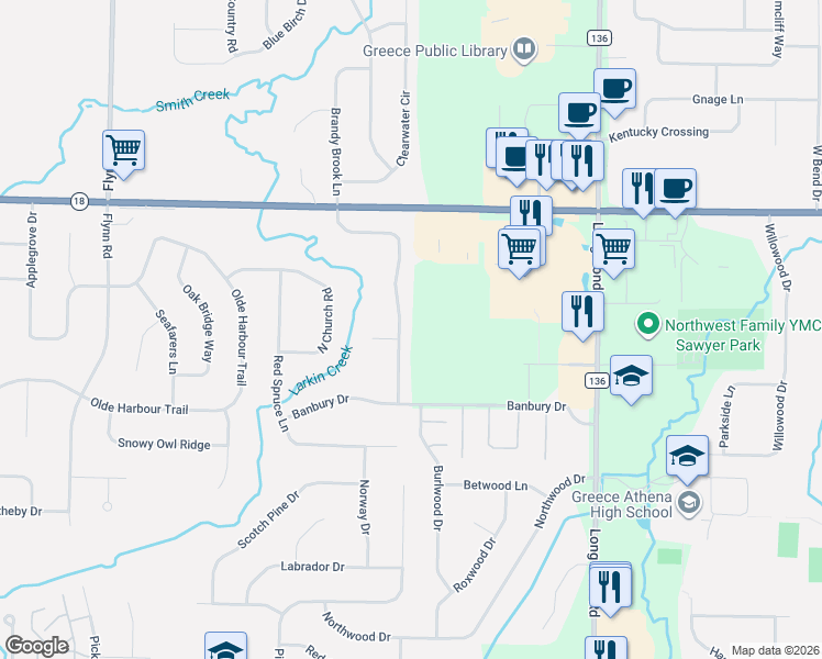 map of restaurants, bars, coffee shops, grocery stores, and more near 22 Mystic Pines Circle in Rochester