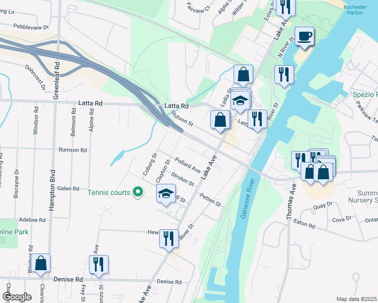 map of restaurants, bars, coffee shops, grocery stores, and more near 69 Upton Place in Rochester