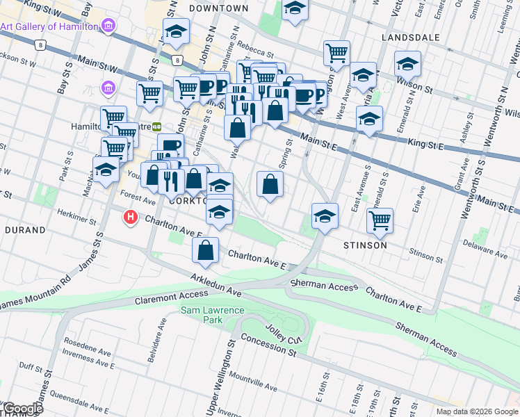 map of restaurants, bars, coffee shops, grocery stores, and more near 65 Liberty Street in Hamilton