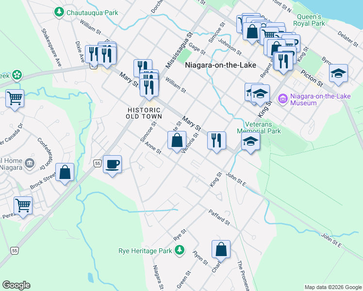map of restaurants, bars, coffee shops, grocery stores, and more near 12 George Manor in Niagara-on-the-Lake