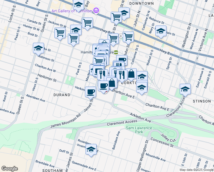 map of restaurants, bars, coffee shops, grocery stores, and more near in Hamilton
