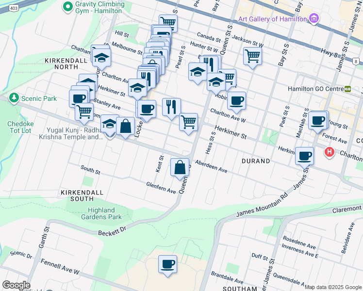 map of restaurants, bars, coffee shops, grocery stores, and more near 19 Homewood Avenue in Hamilton