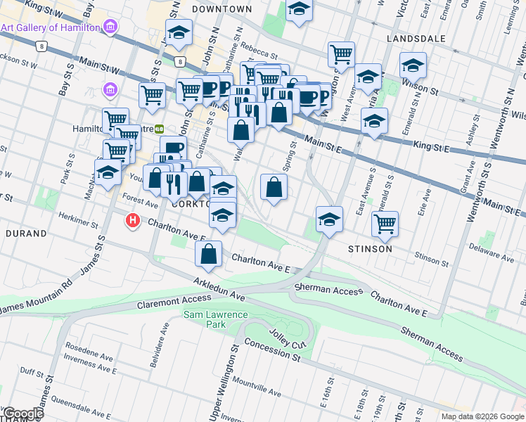 map of restaurants, bars, coffee shops, grocery stores, and more near 65 Liberty Street in Hamilton