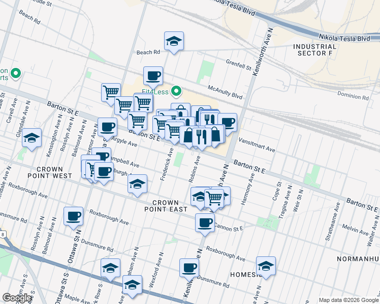 map of restaurants, bars, coffee shops, grocery stores, and more near 1252 Barton Street East in Hamilton