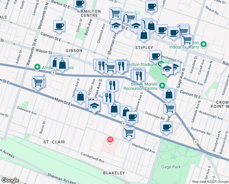 map of restaurants, bars, coffee shops, grocery stores, and more near in Hamilton