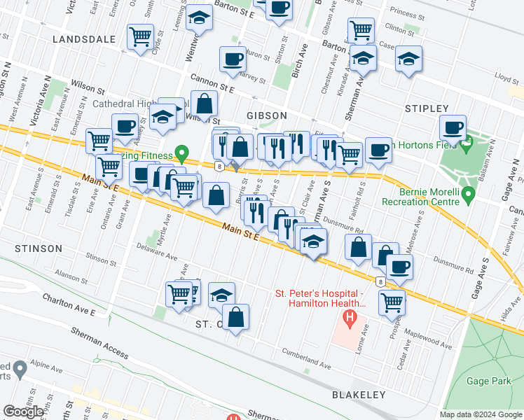 map of restaurants, bars, coffee shops, grocery stores, and more near in Hamilton