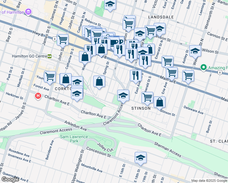 map of restaurants, bars, coffee shops, grocery stores, and more near in Hamilton