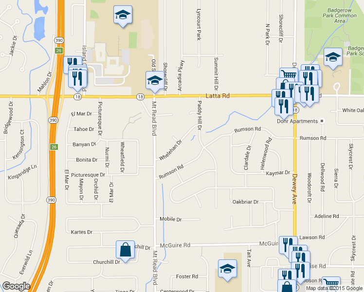 map of restaurants, bars, coffee shops, grocery stores, and more near 83 Whelehan Drive in Rochester