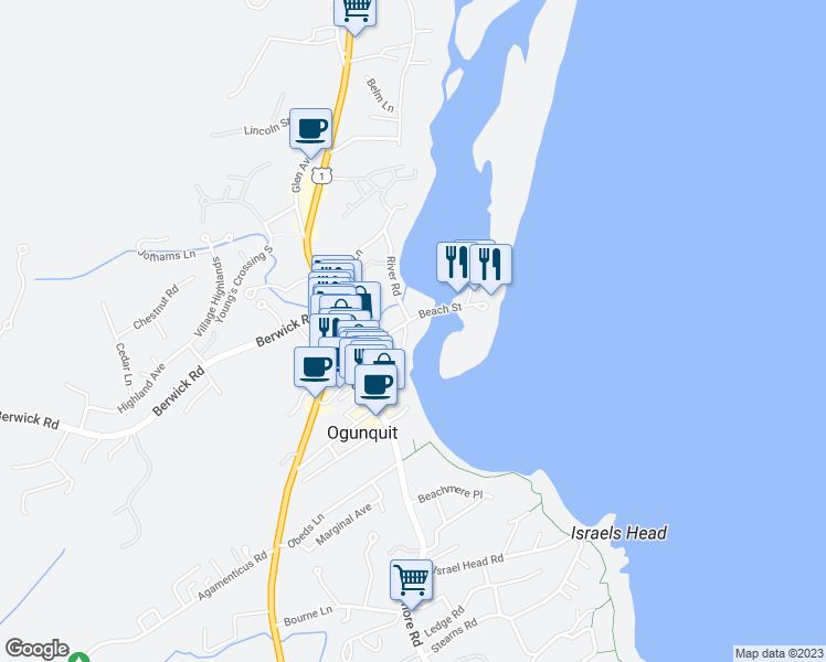 map of restaurants, bars, coffee shops, grocery stores, and more near 66 Beach Street in Ogunquit