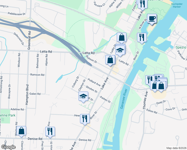 map of restaurants, bars, coffee shops, grocery stores, and more near 75 Upton Place in Rochester