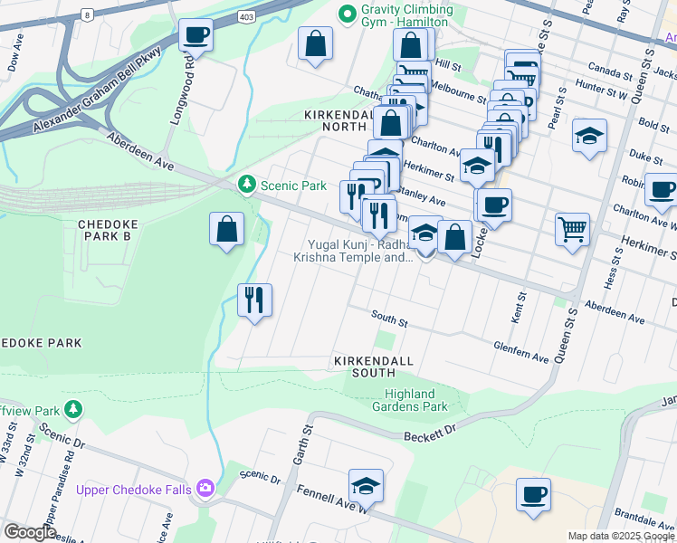 map of restaurants, bars, coffee shops, grocery stores, and more near 23 Glenside Avenue in Hamilton