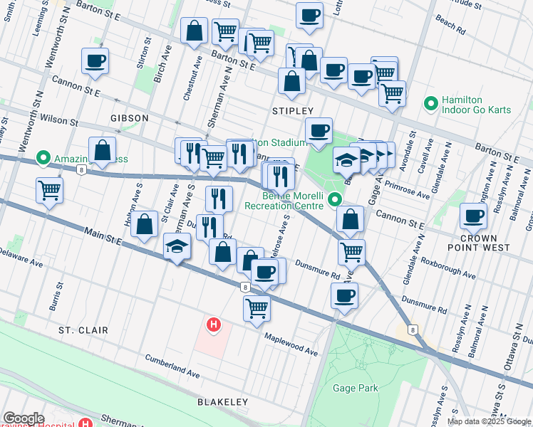 map of restaurants, bars, coffee shops, grocery stores, and more near 30 Spadina Avenue in Hamilton