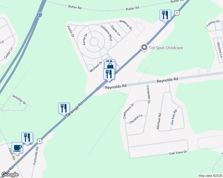 map of restaurants, bars, coffee shops, grocery stores, and more near 414 Reynolds Road in Fort Edward