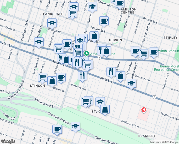 map of restaurants, bars, coffee shops, grocery stores, and more near 594 Main Street East in Hamilton