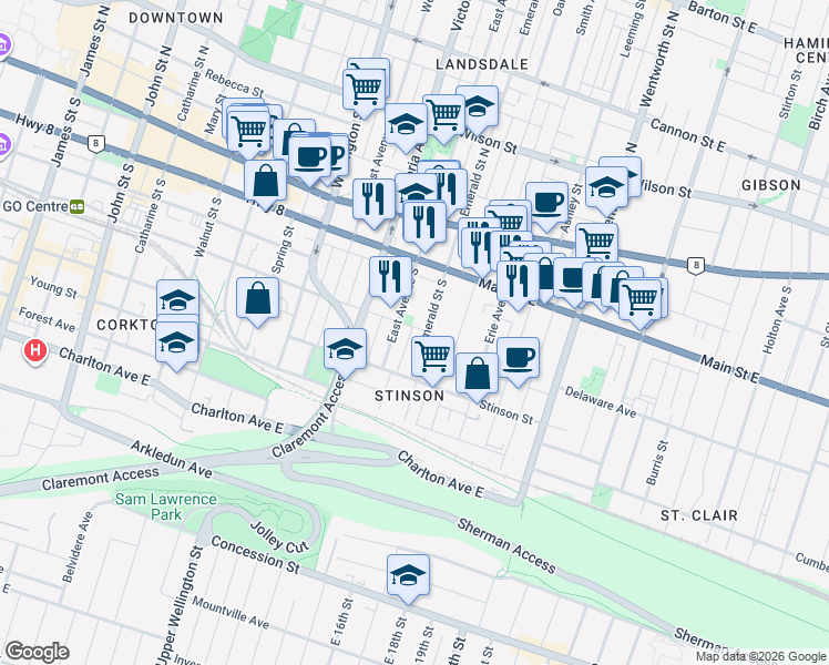 map of restaurants, bars, coffee shops, grocery stores, and more near 352 Hunter Street East in Hamilton