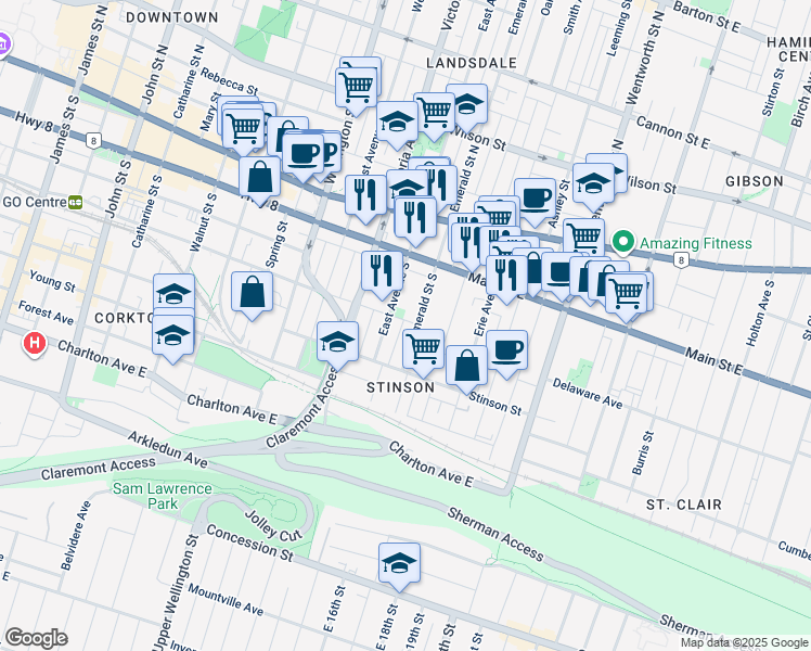 map of restaurants, bars, coffee shops, grocery stores, and more near 352 Hunter Street East in Hamilton