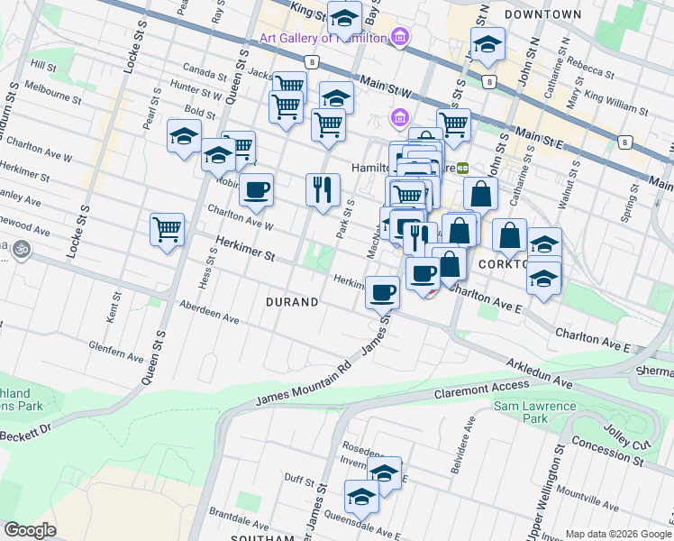 map of restaurants, bars, coffee shops, grocery stores, and more near 46 Herkimer Street in Hamilton