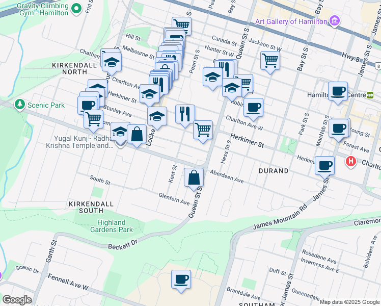 map of restaurants, bars, coffee shops, grocery stores, and more near 27 Homewood Avenue in Hamilton