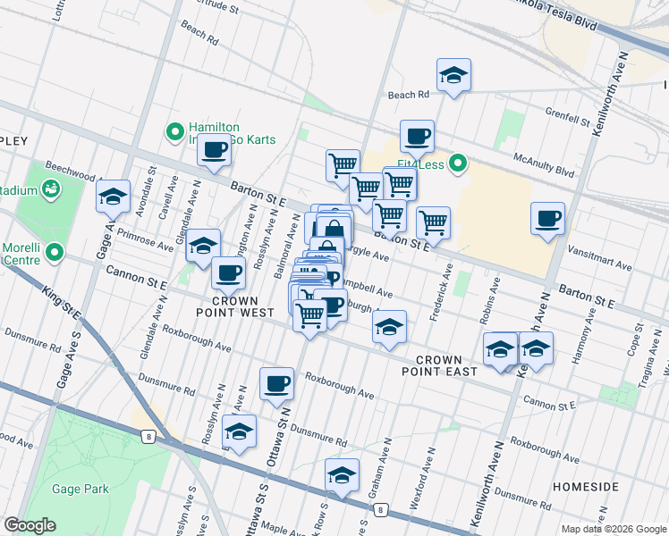 map of restaurants, bars, coffee shops, grocery stores, and more near 270 Ottawa Street North in Hamilton