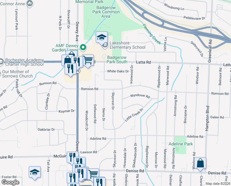 map of restaurants, bars, coffee shops, grocery stores, and more near 188 Skycrest Drive in Rochester