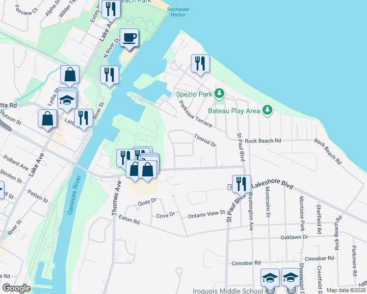 map of restaurants, bars, coffee shops, grocery stores, and more near 42 Kellwood Drive in Rochester