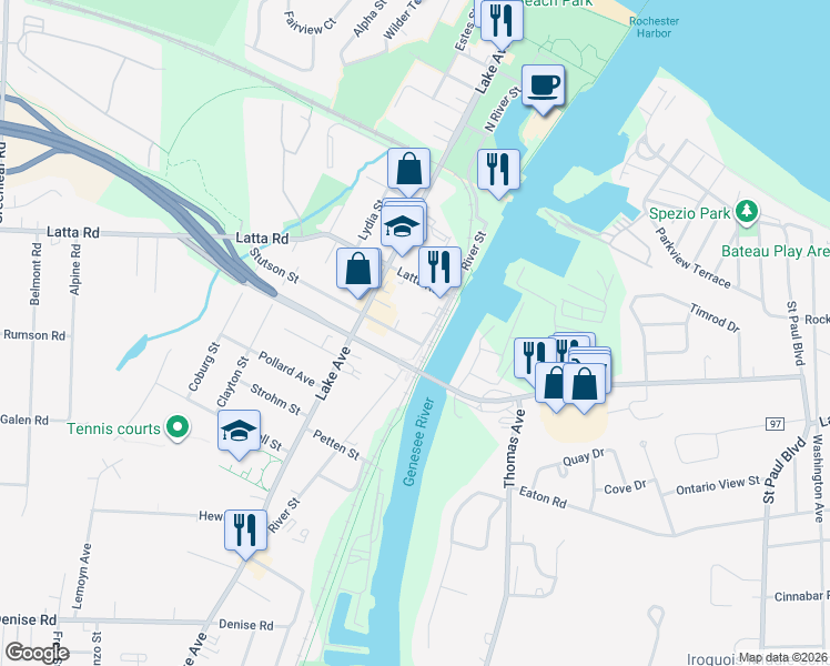 map of restaurants, bars, coffee shops, grocery stores, and more near 35 Stutson Street in Rochester