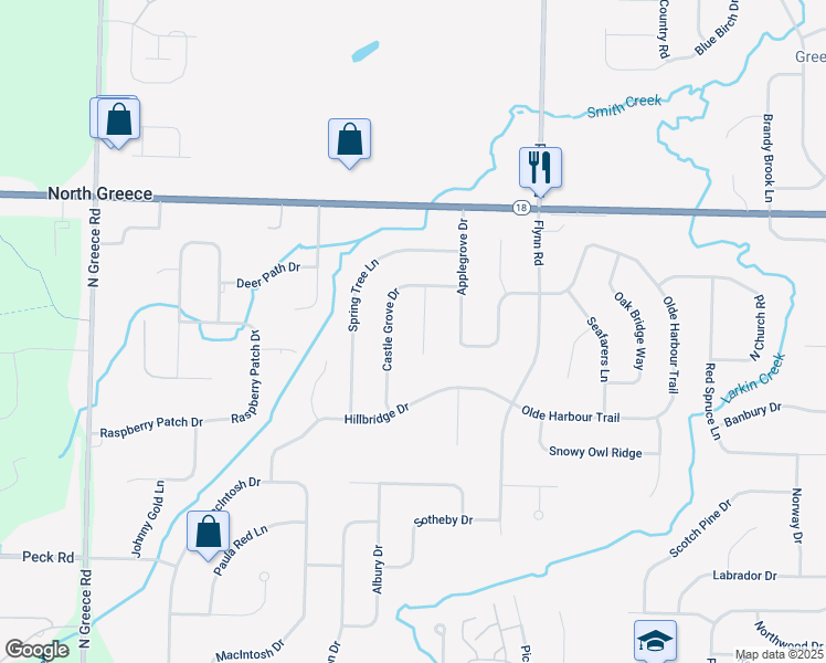 map of restaurants, bars, coffee shops, grocery stores, and more near 127 Castle Grove Drive in Rochester