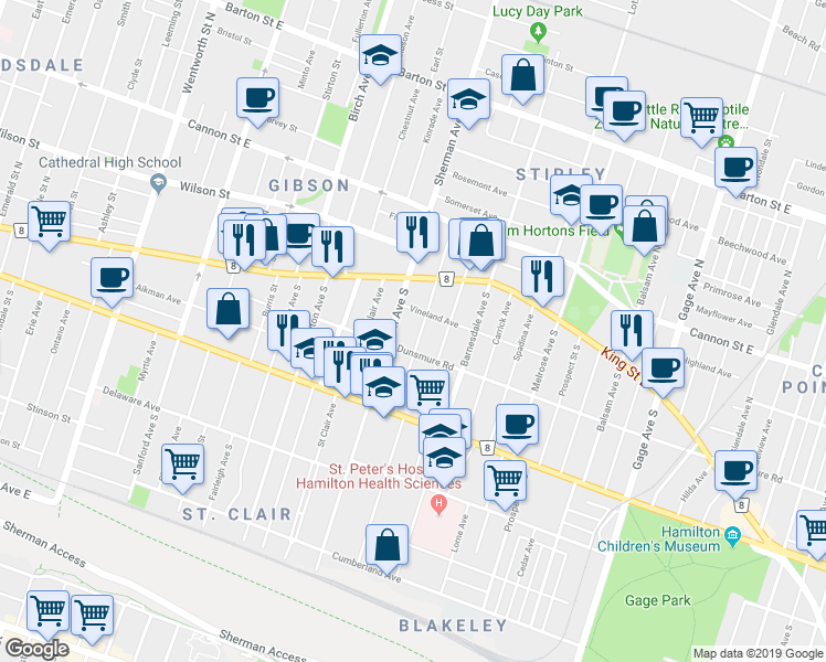 map of restaurants, bars, coffee shops, grocery stores, and more near 52 Fairholt Road South in Hamilton