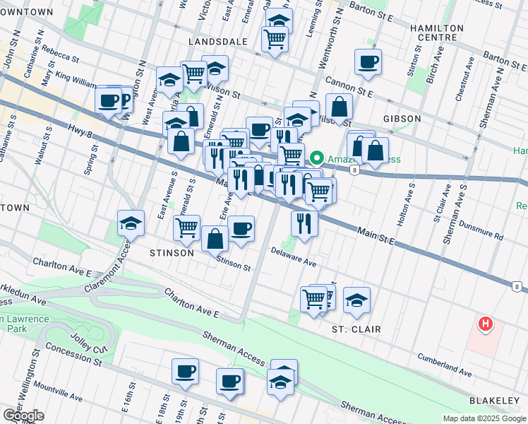 map of restaurants, bars, coffee shops, grocery stores, and more near 91 Grant Avenue in Hamilton