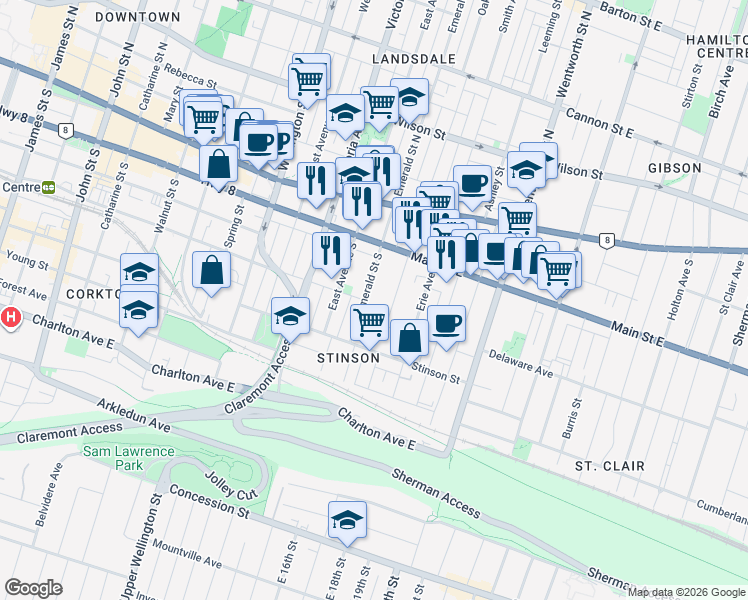 map of restaurants, bars, coffee shops, grocery stores, and more near in Hamilton