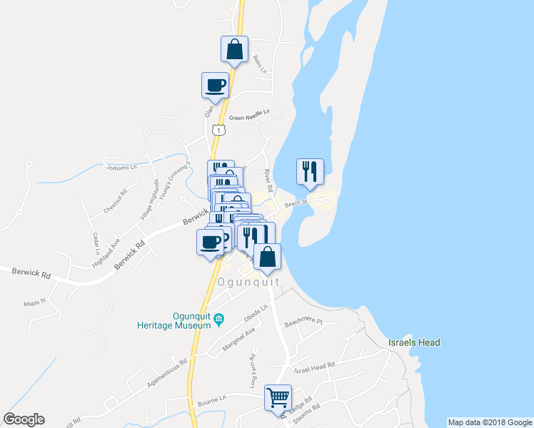 map of restaurants, bars, coffee shops, grocery stores, and more near 19 Beach Street in Ogunquit