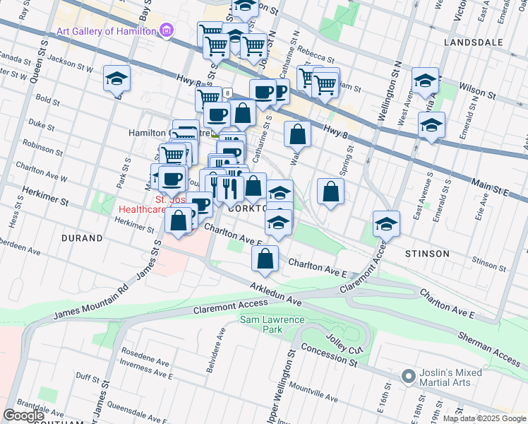 map of restaurants, bars, coffee shops, grocery stores, and more near in Hamilton
