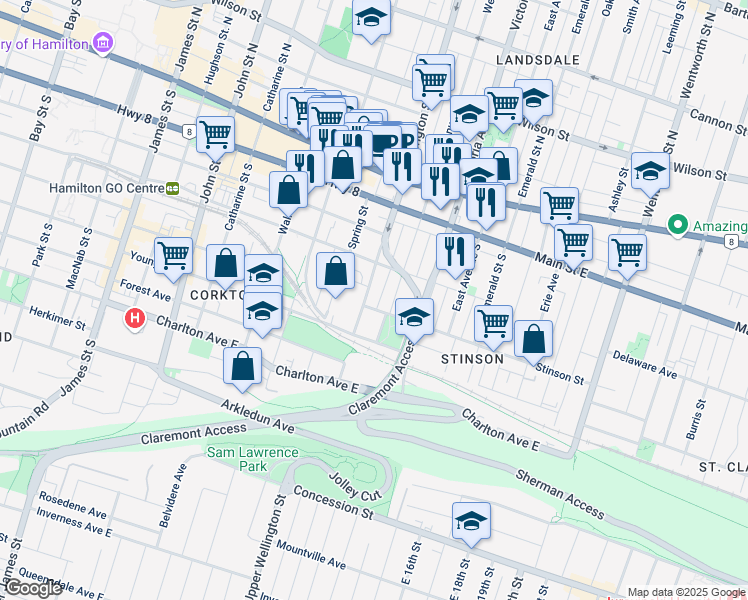 map of restaurants, bars, coffee shops, grocery stores, and more near in Hamilton