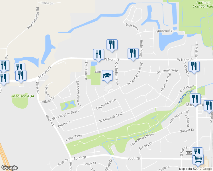 map of restaurants, bars, coffee shops, grocery stores, and more near 234 North Lexington Parkway in DeForest