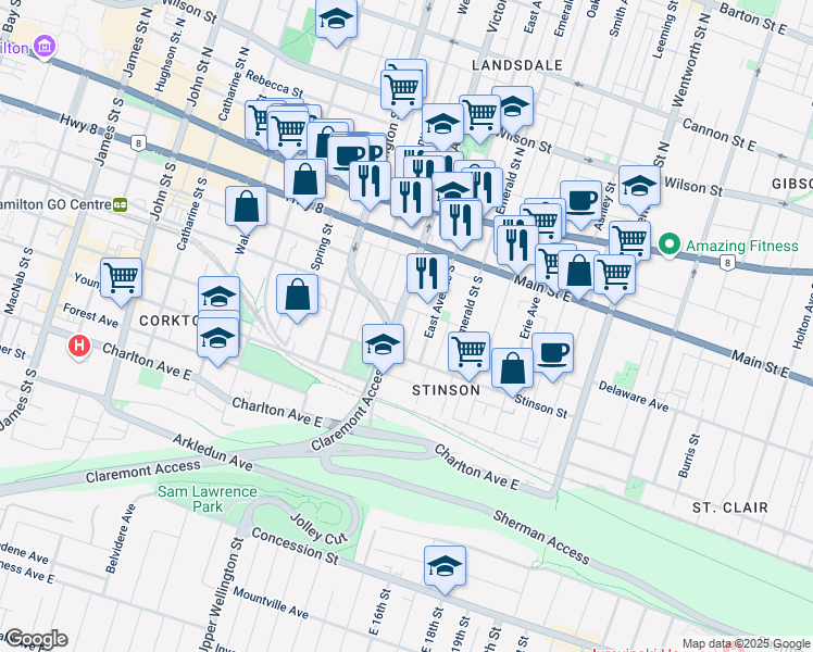 map of restaurants, bars, coffee shops, grocery stores, and more near 103 Victoria Avenue South in Hamilton
