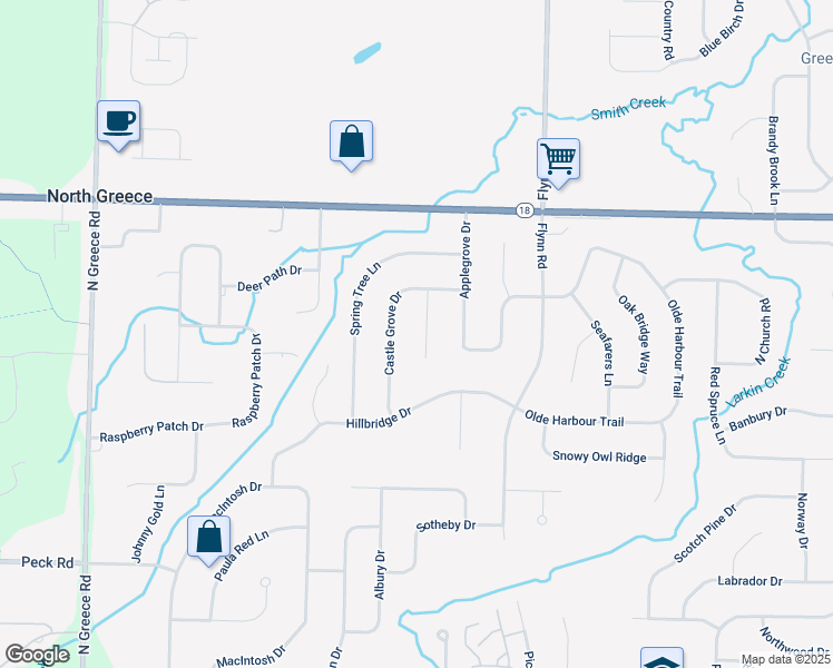 map of restaurants, bars, coffee shops, grocery stores, and more near 127 Castle Grove Drive in Rochester