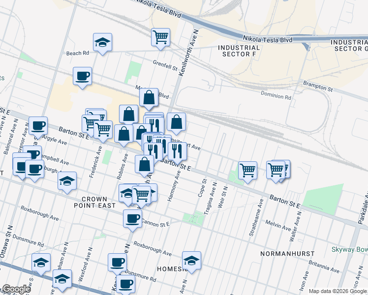 map of restaurants, bars, coffee shops, grocery stores, and more near 128 Harmony Avenue in Hamilton