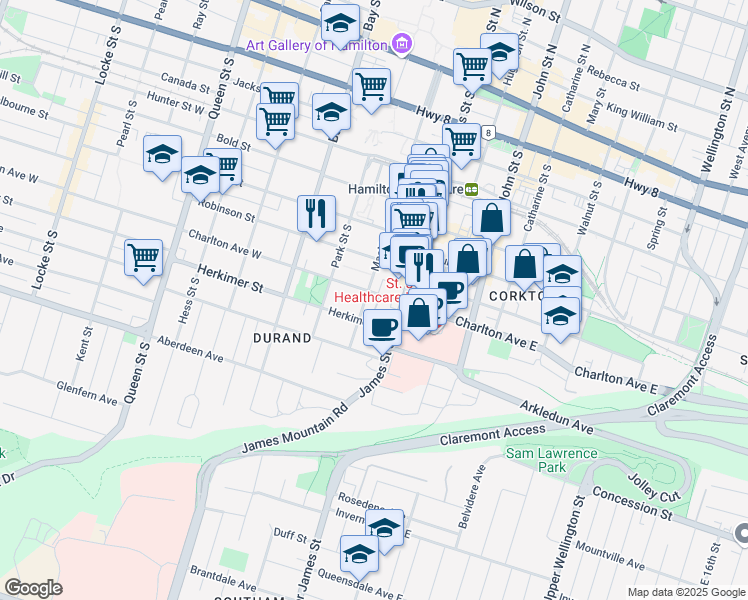 map of restaurants, bars, coffee shops, grocery stores, and more near 223 MacNab Street South in Hamilton