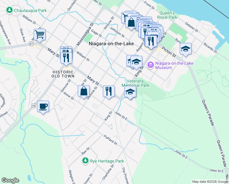 map of restaurants, bars, coffee shops, grocery stores, and more near 33 Mary Street in Niagara-on-the-Lake